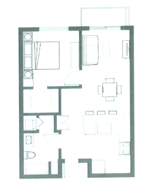 Floor plan for 1 bed, 1 bath, 600 sqft